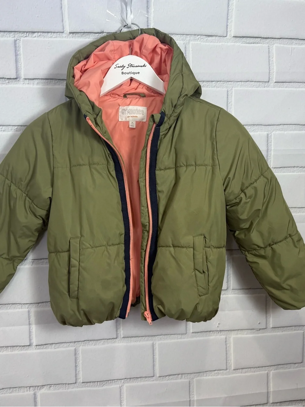 Gymboree Girls Puffer Jacket Olive Green Hooded Coat Size M 7-8